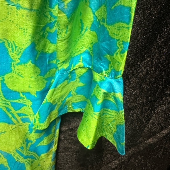 Vintage 1960s Rolled Collar Silk Cocktail Dress Blue and Green - Picture 6 of 7